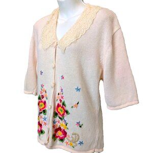 Susan Bristol Embroidered Floral Sweater Pink Cottagecore Lace LARGE Vintage